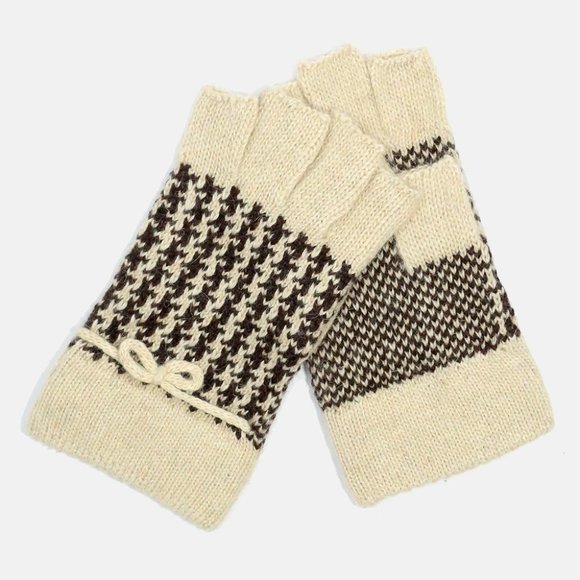 Houndstooth Wool Blend Fingerless Gloves Bow Feminine Cozy Light Academia NWOT - Picture 1 of 3